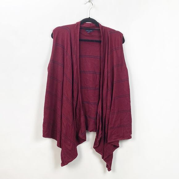 Tommy Hilfilger Large Womens Wine Red Striped Open-front Waterfall Vest - Picture 1 of 7